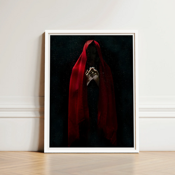 Witch in Red Cloak Art Print / Canvas Framed Figure Draped Deep Fabric Crimson Mantle Catches, Reflection Multiplies, a Veil, Dim Light