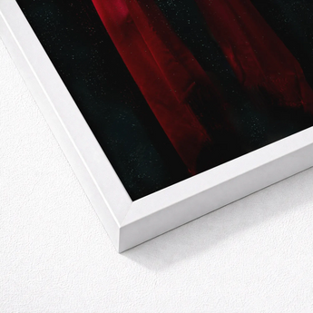 Witch in Red Cloak Art Print / Canvas Framed Artwork Deep Translucent Fabric-like Drapes Dark Crimson Mantle Catches, Reflection