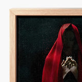 Witch in Red Cloak Art Print / Canvas Framed Figure Draped Vibrant Fabric Crimson Mantle Catches, Reflection Multiplies, a Veil, Dim Light
