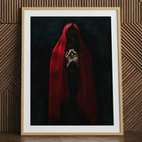 Witch in Red Cloak Art Print, 24x32’’ / 61x81cm / Natural Frame / 2’’ Matboard, Framed Artwork Figure Red Hood Clasped Hands