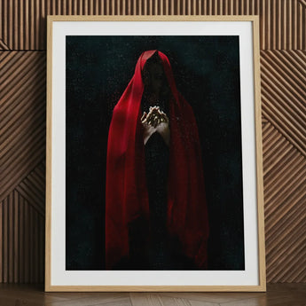Witch in Red Cloak Art Print, 24x32’’ / 61x81cm / Natural Frame / 2’’ Matboard, Framed Artwork Figure Red Hood Clasped Hands