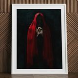 Witch in Red Cloak Art Print, 24x32’’ / 61x81cm / White Frame / 2’’ Matboard, Framed Artwork Figure Red Hood Clasped Hands
