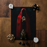 Witch in Red Cloak Art Print / Canvas Black-and-red Artwork Figure Draped Fabric Clasped Hands Crimson Mantle Catches, Reflection
