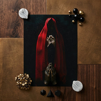 Witch in Red Cloak Art Print / Canvas Black-and-red Artwork Figure Draped Fabric Clasped Hands Crimson Mantle Catches, Reflection