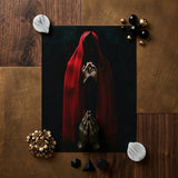 Witch in Red Cloak Art Print / Canvas Black-and-red Artwork Figure Draped Fabric Clasped Hands Crimson Mantle Catches, Reflection