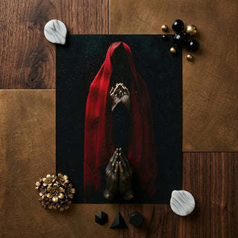 Witch in Red Cloak Art Print / Canvas Black-and-red Artwork Figure Draped Fabric Clasped Hands Crimson Mantle Catches, Reflection