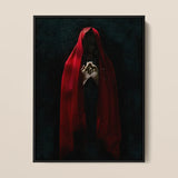Witch in Red Cloak Art Print / Canvas Framed Artwork Figure Draped Deep Fabric Dark Crimson Mantle Catches, Reflection Multiplies, a Veil,