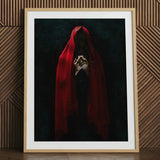 Witch in Red Cloak Art Print / Canvas Framed Artwork Figure Hood Clasped Hands Crimson Mantle Catches, Reflection Multiplies, a Veil, Dim