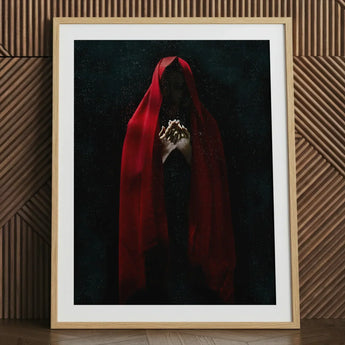 Witch in Red Cloak Art Print / Canvas Framed Artwork Figure Hood Clasped Hands Crimson Mantle Catches, Reflection Multiplies, a Veil, Dim