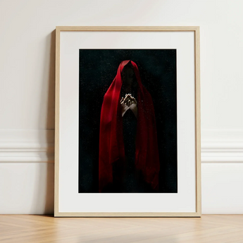 Witch in Red Cloak Art Print / Canvas Framed Figure Draped Rich Fabric Crimson Mantle Catches, Reflection Multiplies, a Veil, Dim Light