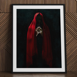 Witch in Red Cloak Art Print / Canvas Framed Person Clasped Hands Crimson Mantle Catches, Reflection Multiplies, a Veil, Dim Light Folds
