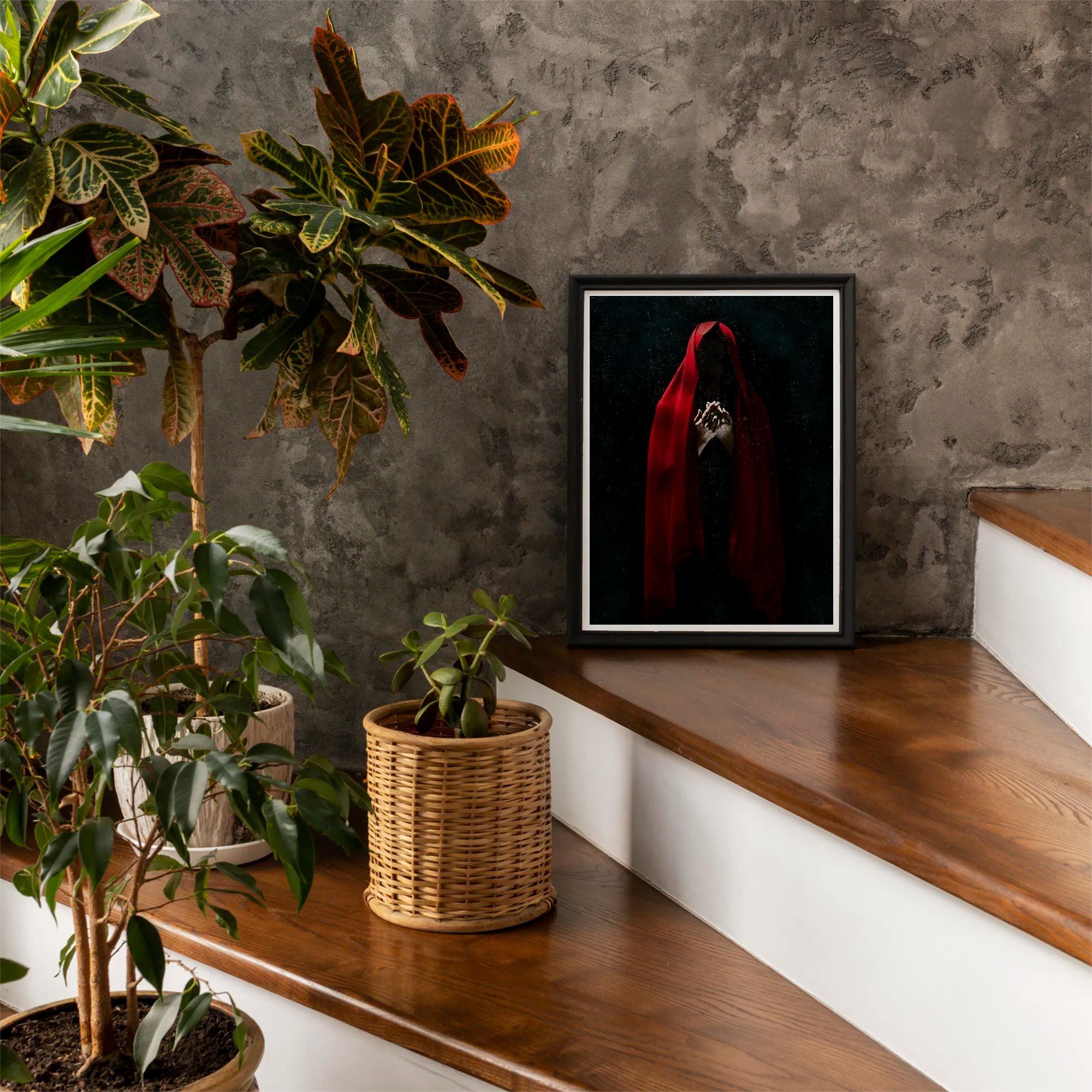 Witch in Red Cloak Art Print, Framed Art Print Figure Red Cloak White Object