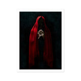 Witch in Red Cloak Art Print, Hooded Figure Red Robe Hands Clasped