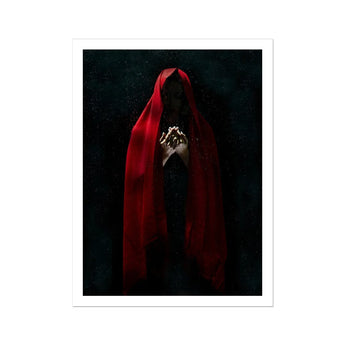 Witch in Red Cloak Art Print, Hooded Figure Red Robe Hands Clasped