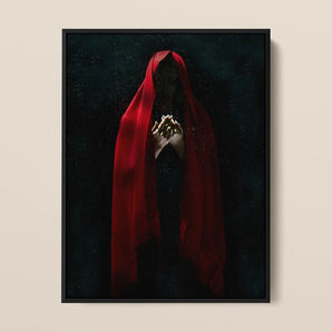 Witch in Red Cloak Framed Canvas, 12x16’’ / 31x41cm / Black Floating Frame, Framed Painting Cloaked Figure Red Clasped Hands
