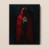 Witch in Red Cloak Framed Canvas, 12x16’’ / 31x41cm / Black Floating Frame, Framed Painting Cloaked Figure Red Clasped Hands