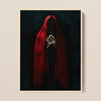 Witch in Red Cloak Framed Canvas, 12x16’’ / 31x41cm / Natural Floating Frame, Framed Painting Figure Red Hood Hands Clasped