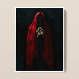 Witch in Red Cloak Framed Canvas, 12x16’’ / 31x41cm / White Floating Frame, Framed Art Print Figure Red Hood Clasped Hands