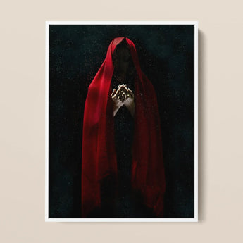 Witch in Red Cloak Framed Canvas, 12x16’’ / 31x41cm / White Floating Frame, Framed Art Print Figure Red Hood Clasped Hands