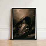 Witch Surfing on a Sieve - Charles Turner Art Print / Canvas Black-framed Somber Draped Figure Sepia Tones, Rides, Horizon Folding Prints