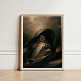 Witch Surfing on a Sieve - Charles Turner Art Print / Canvas Framed Artwork Spectral Figure Robes Seated Dark Boat-like, Rides, Horizon