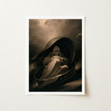Witch Surfing on a Sieve - Charles Turner Art Print / Canvas Framed Sepia-toned Illustration Ghostly Figure Robes, Rides, Horizon Folding