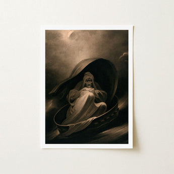 Witch Surfing on a Sieve - Charles Turner Art Print / Canvas Framed Sepia-toned Illustration Ghostly Figure Robes, Rides, Horizon Folding