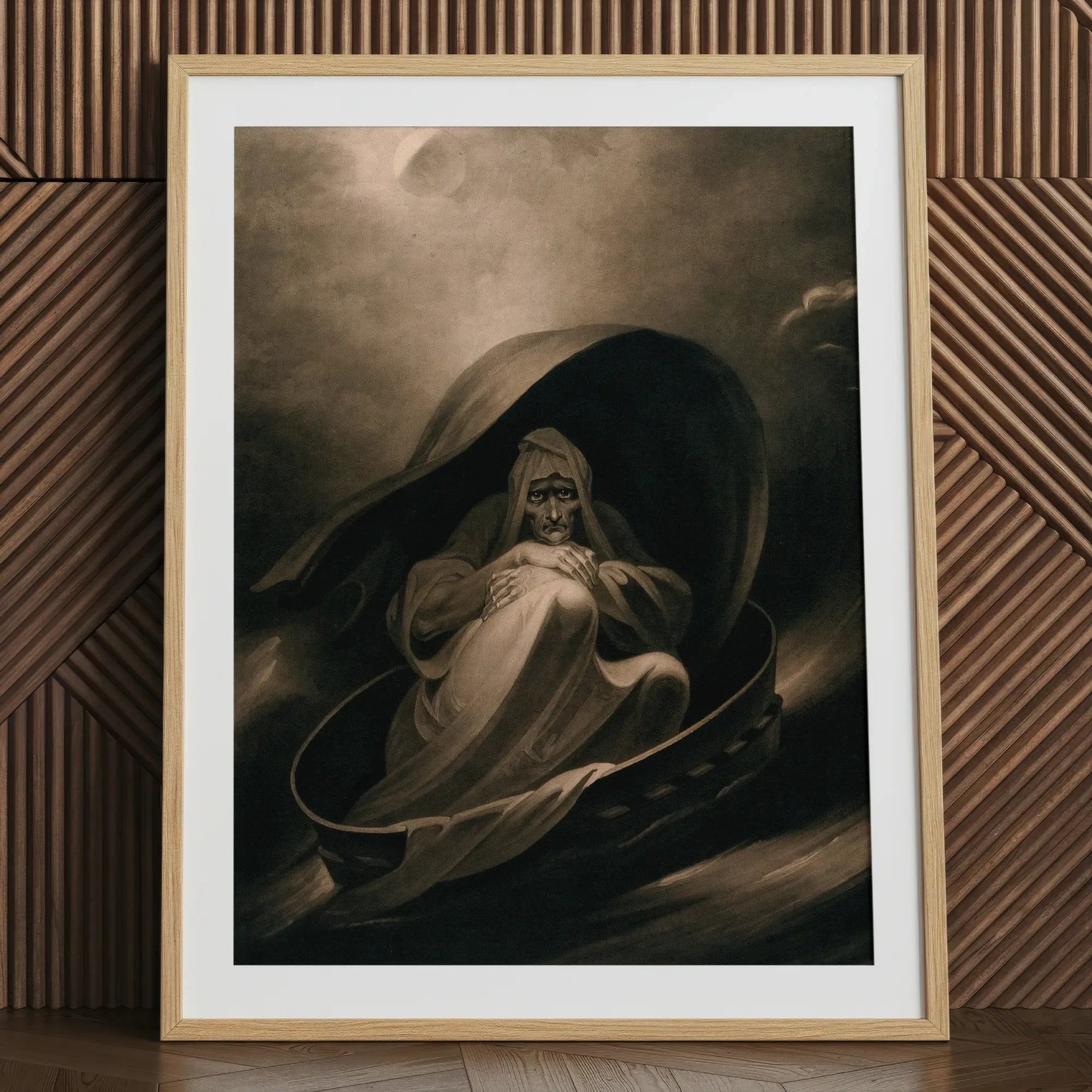 A Witch Surfing on a Sieve - Charles Turner Art Print, 24x32’’ / 61x81cm / Natural Frame / 2’’ Matboard, Framed Artwork Somber Cloaked