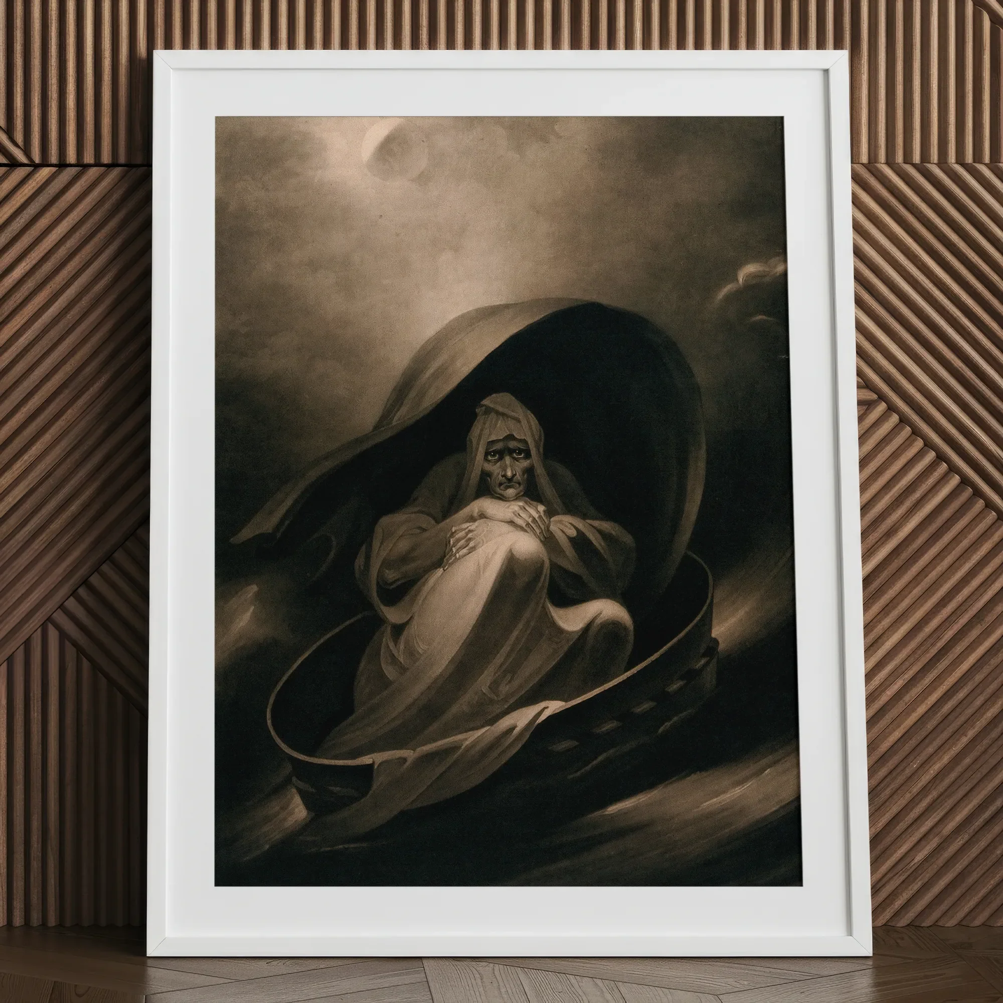 A Witch Surfing on a Sieve - Charles Turner Art Print, 24x32’’ / 61x81cm / White Frame / 2’’ Matboard, Framed Sepia-toned Painting Cloaked