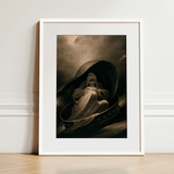 Witch Surfing on a Sieve - Charles Turner Art Print / Canvas Framed Artwork Sepia-toned Illustration Skeletal Figure Robes Seated Charles