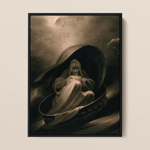A Witch Surfing on a Sieve - Charles Turner Framed Canvas, 12x16’’ / 31x41cm / Black Floating Frame, Solemn Cloaked Figure Seated