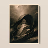 A Witch Surfing on a Sieve - Charles Turner Framed Canvas, 12x16’’ / 31x41cm / Natural Floating Frame, Painting Cloaked Hunched Figure