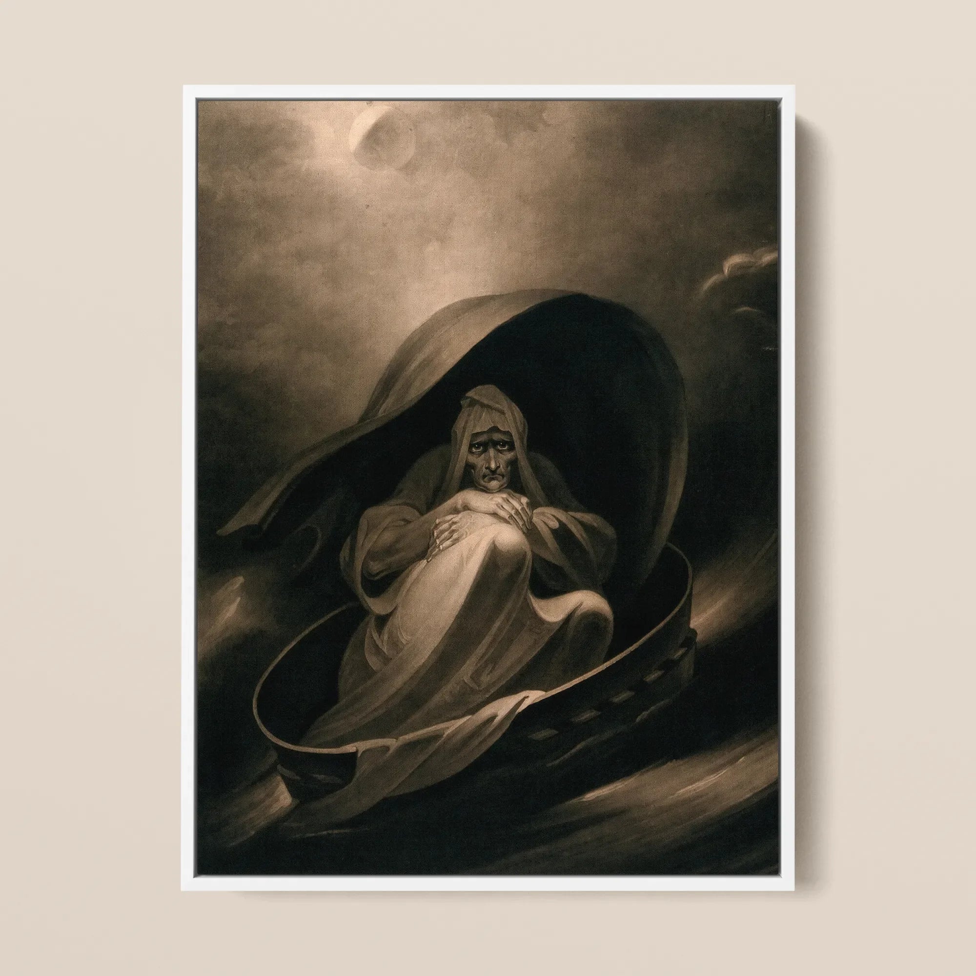 A Witch Surfing on a Sieve - Charles Turner Framed Canvas, 12x16’’ / 31x41cm / White Floating Frame, Somber Hooded Figure Aged Skeletal