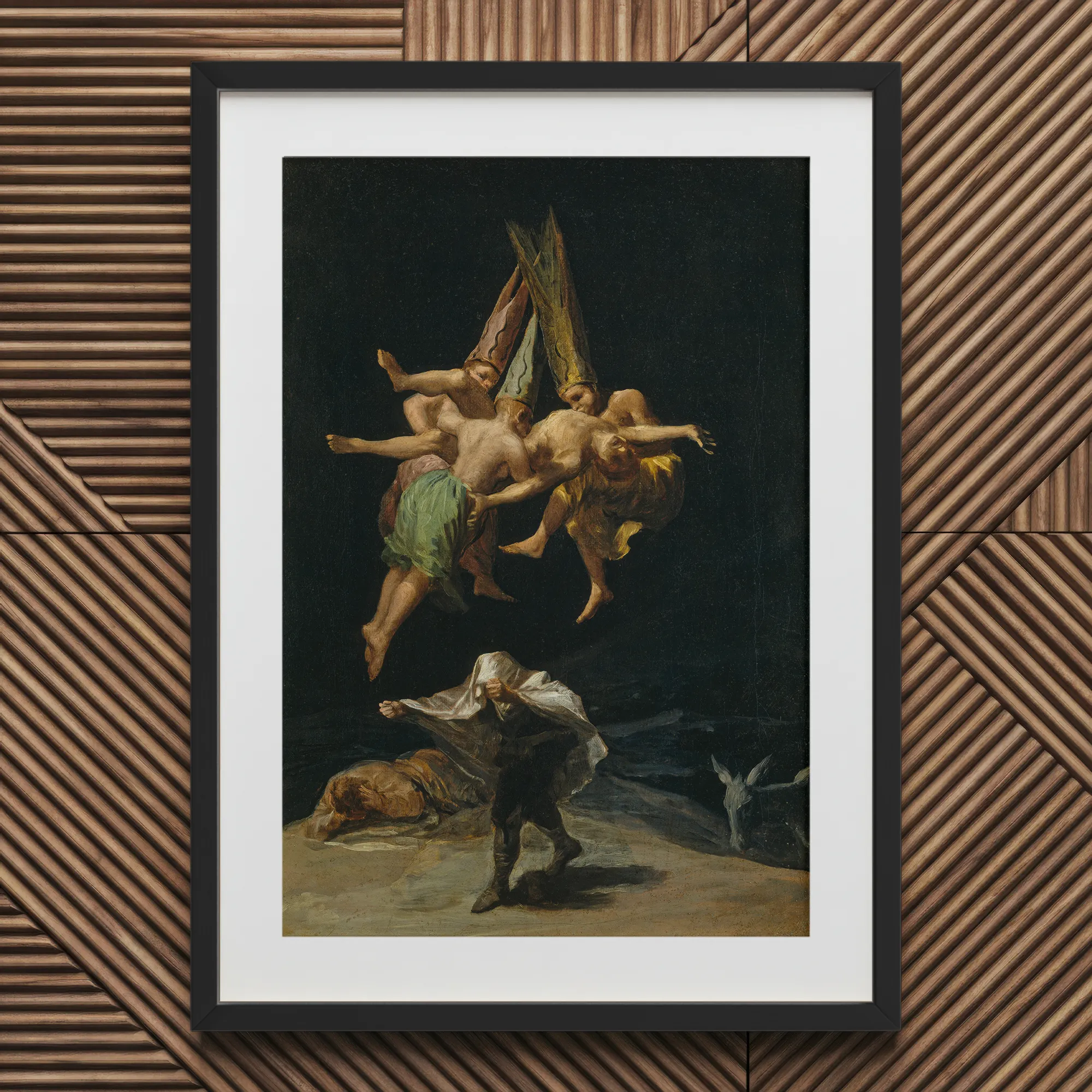 Witches’ Flight - Francisco De Goya Art Print, 20x30’’ / 51x76cm / Black Frame / 2’’ Matboard, Framed Painting Witches Terrified Man
