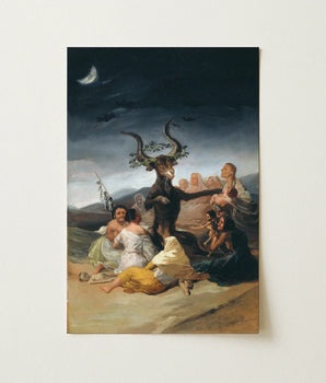 Framed Painting Dark Moonlit Scene Horned Goat Figure Witches Sabbath, Creature Reigns, Goya Art Print