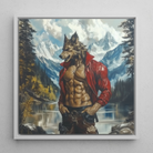 Wolfgang Gay Wolf Art Framed Canvas, 12x12’’ / 31x31cm / White Floating Frame, Muscular Wolfman Red Jacket