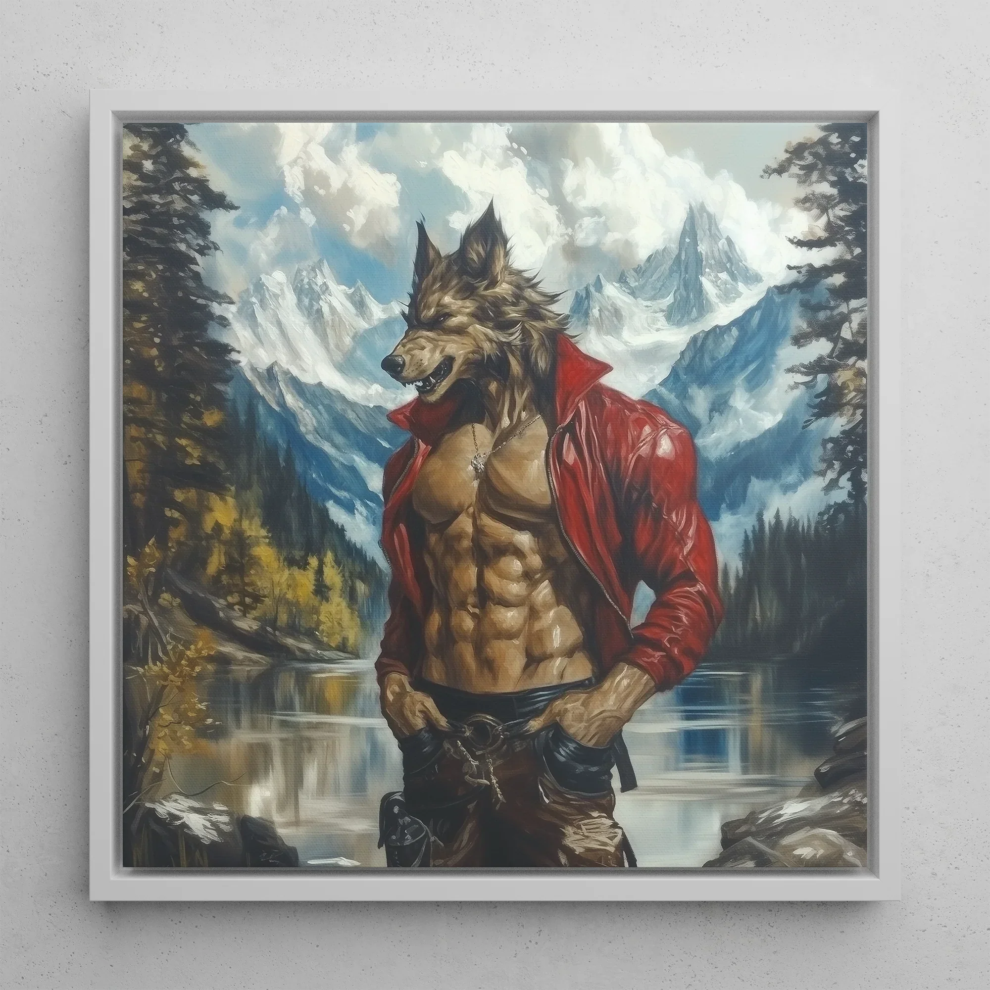 Wolfgang Gay Wolf Art Framed Canvas, 12x12’’ / 31x31cm / White Floating Frame, Muscular Wolfman Red Jacket