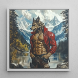Wolfgang - Gay Wolf Art Framed Canvas, 12x12’’ / 31x31cm / White Floating Frame, Muscular Wolfman Red Jacket