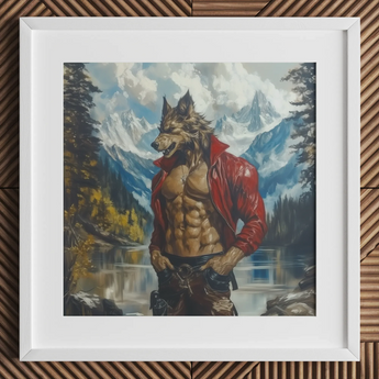 muscular wolf in red jacket, mountain landscape.