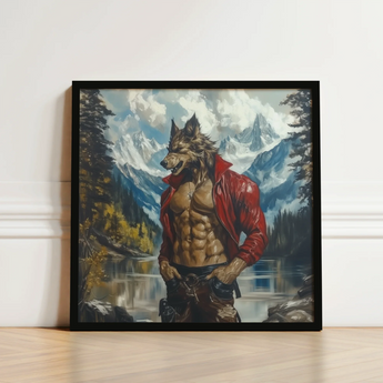 Framed Artwork Muscular Anthropomorphic Wolf Red Leather Jacket Gay Art, Wild Hymn Carved, Print