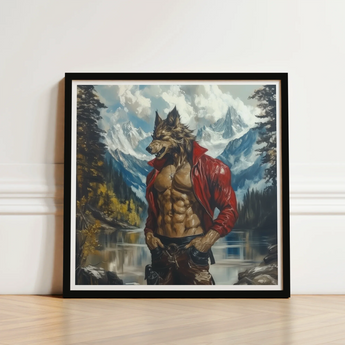 Framed Artwork Muscular Wolf-man Red Leather Jacket Mountain Gay Wolf Art, Wild Hymn Carved, Print