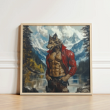 Framed Painting Muscular Wolf-man Red Leather Jacket Lake Gay Wolf Art, Wild Hymn Carved, Print