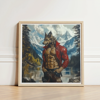 Framed Painting Muscular Wolf-man Red Leather Jacket Lake Gay Wolf Art, Wild Hymn Carved, Print