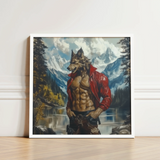 Framed Artwork Muscular Wolf-man Red Leather Jacket Lake Gay Wolf Art, Wild Hymn Carved, Print