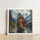 Framed Painting Muscular Wolf-man Red Leather Jacket Lake Gay Wolf Art, Wild Hymn Carved, Print