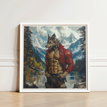 Framed Painting Muscular Wolf-man Red Leather Jacket Lake Gay Wolf Art, Wild Hymn Carved, Print