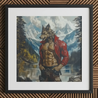 Wolfgang - Gay Wolf Art Print / Canvas Framed Painting Muscular Werewolf Red Jacket Lake Mountains Gay Wolf Art, Wild Hymn Carved, Art Print