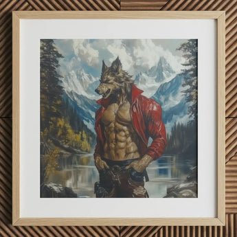 Wolfgang - Gay Wolf Art Print / Canvas Framed Painting Muscular Werewolf Red Jacket Lake Mountains Gay Wolf Art, Wild Hymn Carved, Art Print