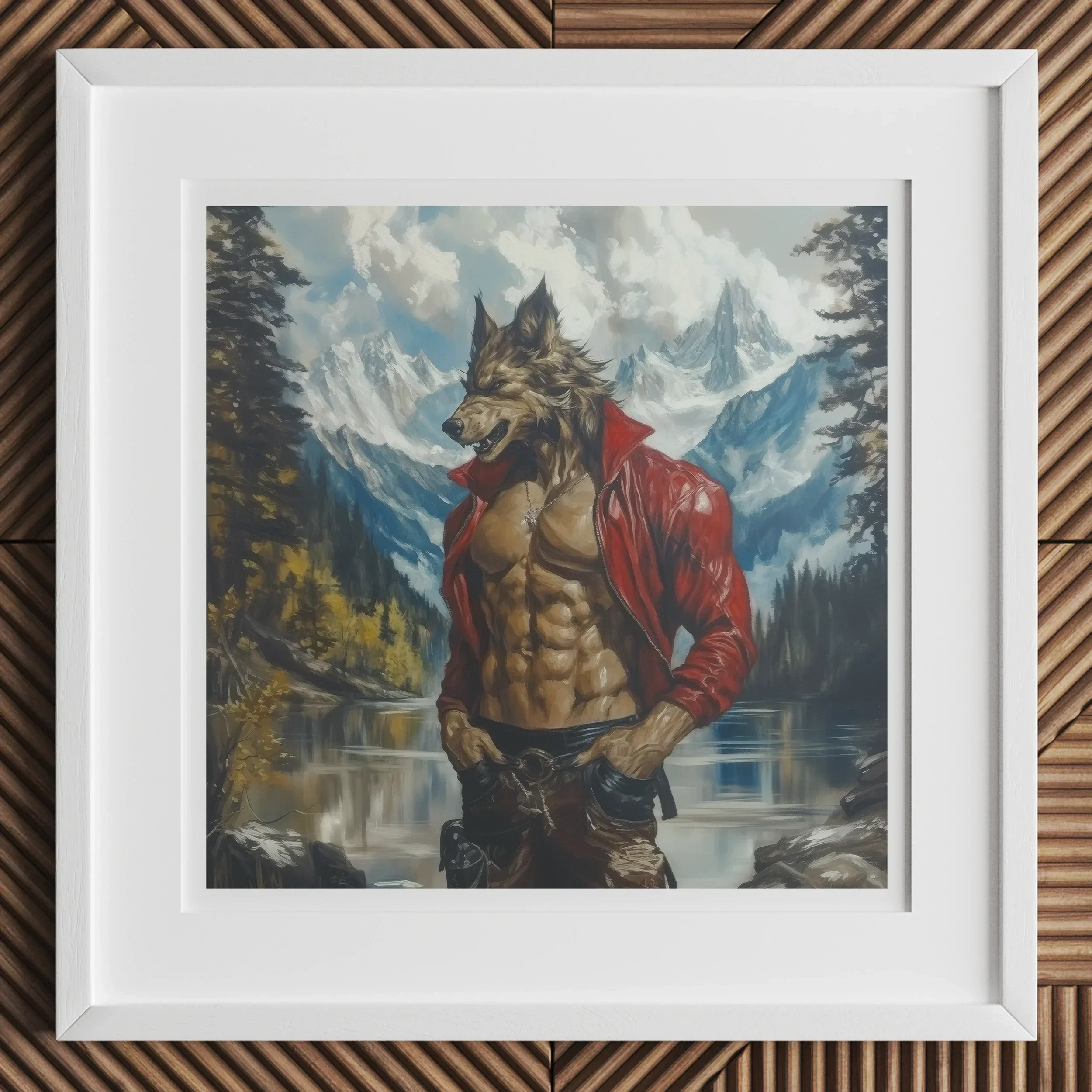 Wolfgang - Gay Wolf Art Print, Framed Painting Muscular Anthropomorphic Wolf Red Jacket Mountainous