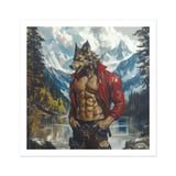 Wolfgang - Gay Wolf Art Print, Muscular Anthropomorphic Wolf Red Jacket Mountainous Backdrop